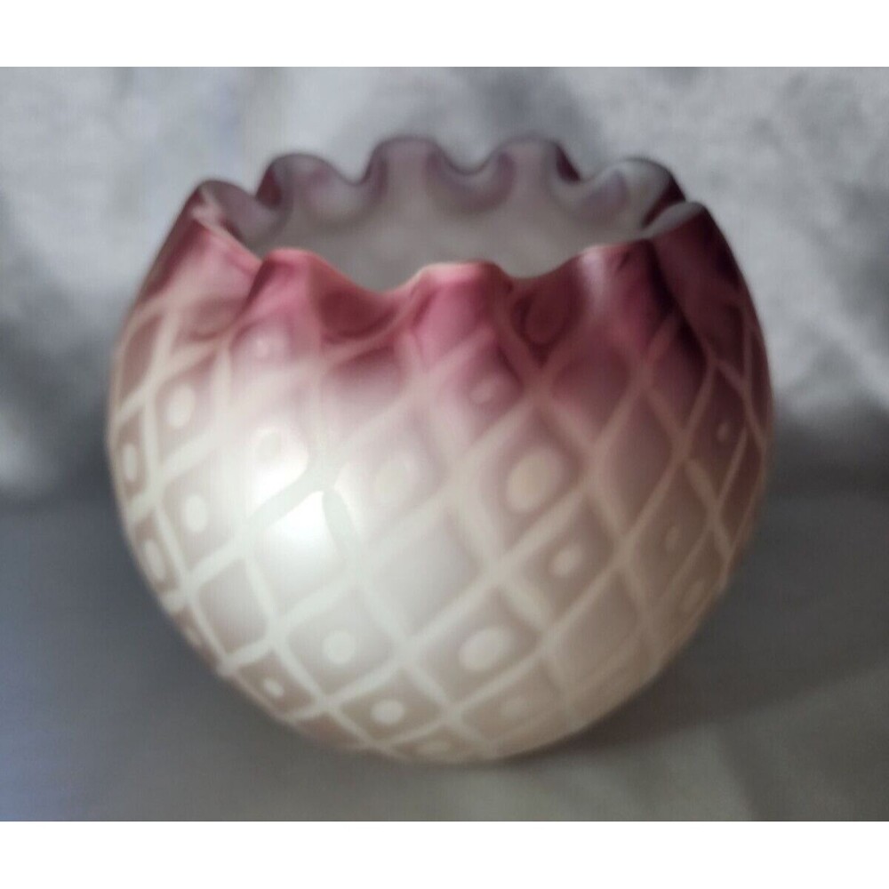 Antique Mt Washington Pink Satin Cased Diamond Quilted Crimped Edge Bowl Vase